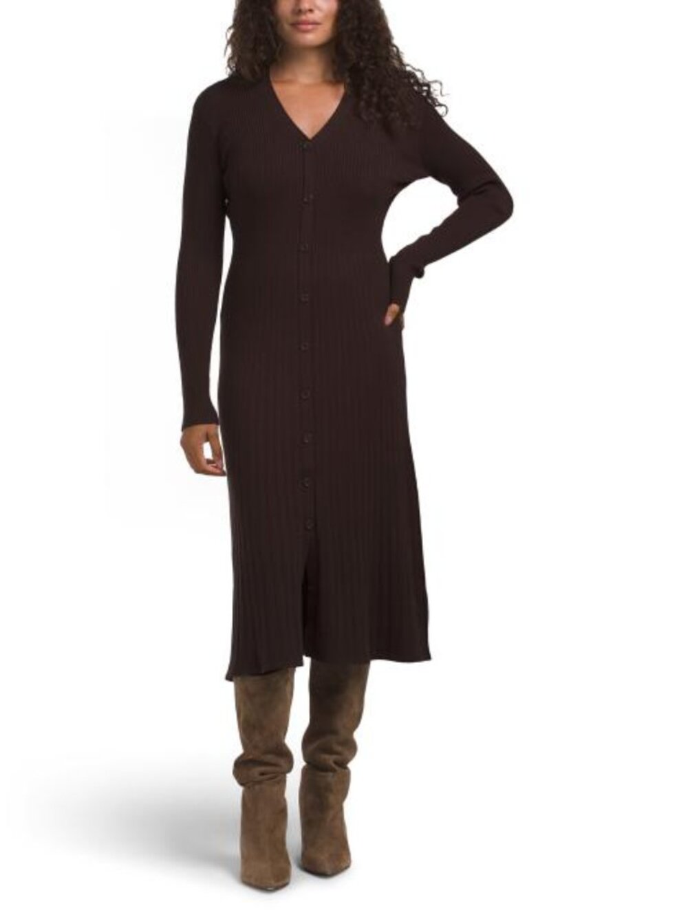 MAX STUDIO LONDON Ribbed Faux Button Front Midi Sweater Dress